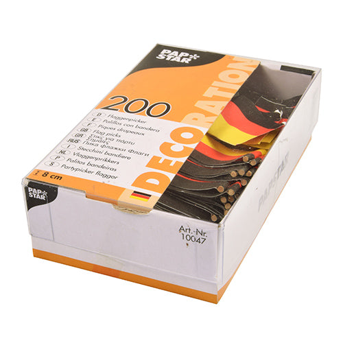 Eine Box mit 200 PAPSTAR Deko-Pickern (8 cm) der PAPSTAR GmbH mit kleinen Deutschlandflaggen-Motiven – ideal für Catering und Fingerfood. Die überwiegend weiß-orangefarbene Verpackung hat ein Sichtfenster, durch das die Picks im Inneren sichtbar sind.