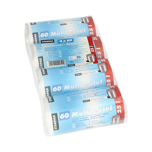 Vier Rollen Starpak 240 Müllbeutel, HDPE 25 l (52 x 50 cm), mit jeweils 60 transparenten Beuteln, werden in einer durchsichtigen Kunststoffverpackung mit blauen und roten deutschen Etiketten geliefert – ideal für die hygienische Abfallentsorgung.