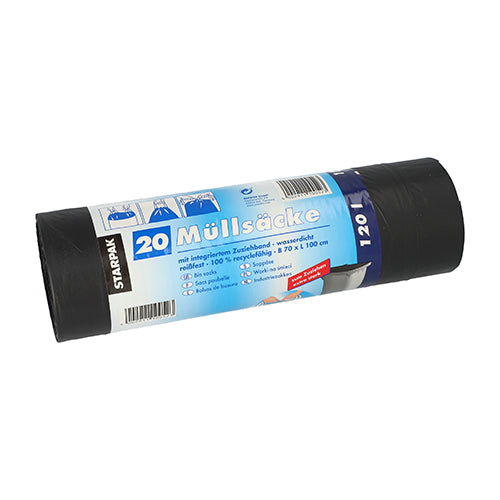 Eine Rolle mit 20 schwarzen Starpak Müllsäcken aus LDPE (120l, 100x70cm) mit Zugband, Banderole mit Produktinfos, Recycling-Symbol und Anleitung auf Deutsch.