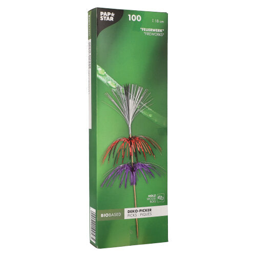 Der PAPSTAR 100 Deko-Picker der PAPSTAR GmbH wird in einer grünen, rechteckigen Box mit 100 stabilen Picks mit metallischen Litzen in Silber, Rot und Lila geliefert. Ideal für stilvolle Präsentationen; Marken- und Produktinformationen sind auf der Box abgebildet.