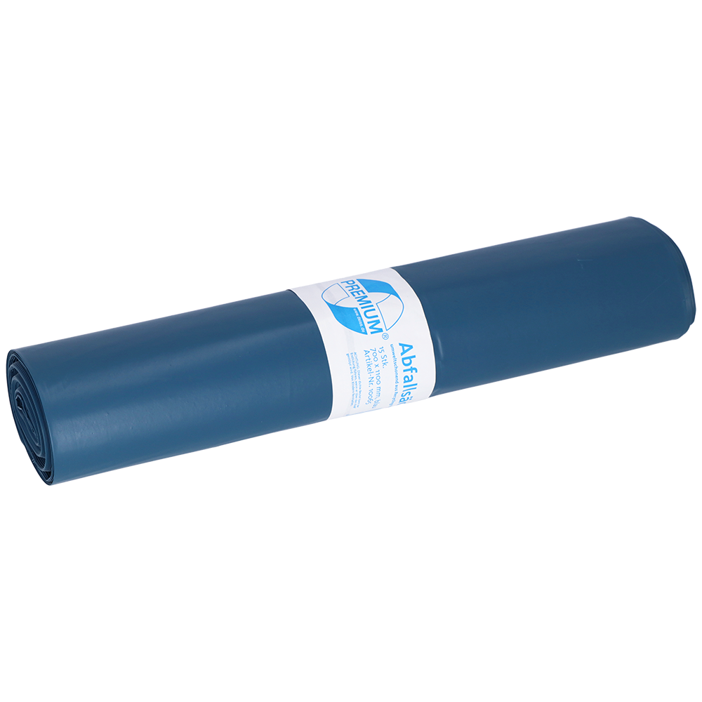 Ein aufgerollter DEISS PREMIUM Abfallsack 120 Liter blau der EMIL DEISS KG (GmbH + Co.), 1.126 g/Rolle, Typ 100, ist mit einem weißen Etikett mit Text und Grafik versehen. Jede Rolle enthält 15 Säcke.