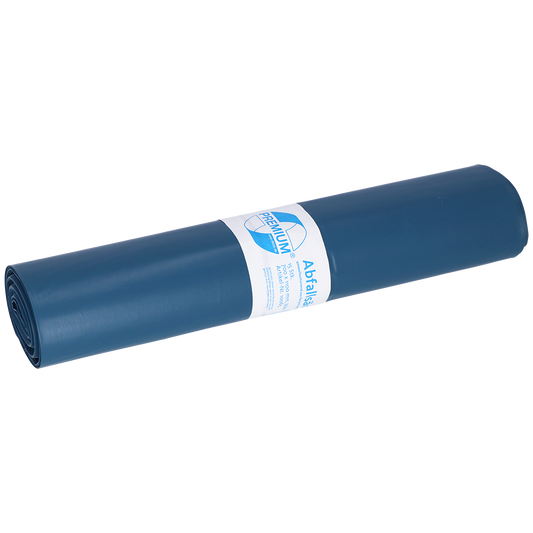Ein aufgerollter DEISS PREMIUM Abfallsack 120 Liter blau der EMIL DEISS KG (GmbH + Co.), 1.126 g/Rolle, Typ 100, ist mit einem weißen Etikett mit Text und Grafik versehen. Jede Rolle enthält 15 Säcke.