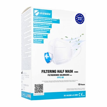 A box of Mask Authority sp. z o.o. Virshields FFP2 Mask VS005, 5-ply | 1 piece, features an image of a white mask with protective symbols and multilingual highlights of its features; each box contains 10 pieces.
