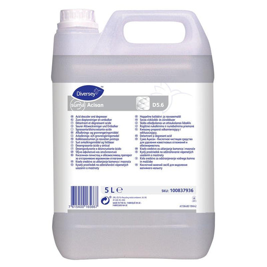 Ein 5-Liter-Kanister Suma Acisan D5.6 von Diversey Deutschland GmbH & Co. OHG, ein saurer Grundreiniger und Entkalker mit Griff und Schraubverschluss. Das weiße Etikett enthält Anweisungen, Inhaltsstoffe und Sicherheitsinformationen in mehreren Sprachen.
