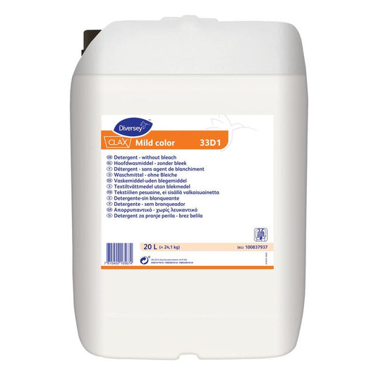 Ein weißer 20-Liter-Kunststoffkanister von Diversey Clax Mild color 33D1, enzymatisches Feinwaschmittel für alle Textilien, ist mit einem blau/orangen Etikett in mehreren Sprachen, einem schwarzen Griff und einem versiegelten Deckel versehen. Von Diversey Deutschland GmbH & Co. OHG.