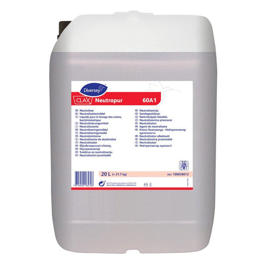 Ein 20-Liter-Kanister Clax Neutrapur 60A1 Neutralisationsmittel für Alkalität von Diversey Deutschland GmbH & Co. OHG, mit mehrsprachigem weißem und blauem Etikett, zur Entfernung alkalischer Rückstände aus der Wäsche.