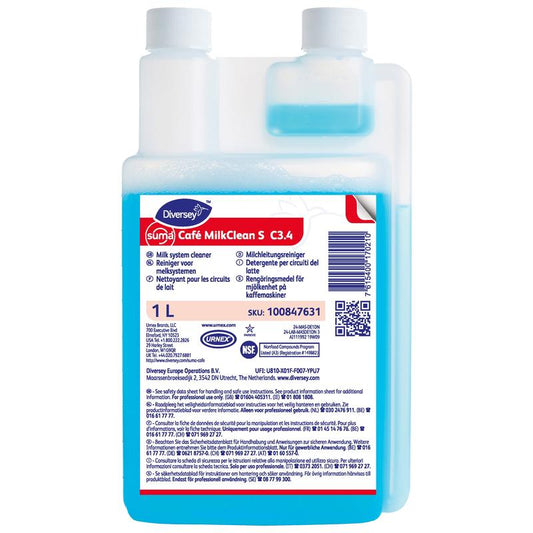 Eine 1-Liter-Flasche des Suma Café MilkClean S C3.4 Milchsystemreiniger von Diversey Deutschland GmbH & Co. OHG, mit blauer Flüssigkeit und einem weiß-blauen Etikett mit Anwendungshinweisen, Produktinformationen und Zertifizierungen für die Reinigung von Kaffeemaschinen.