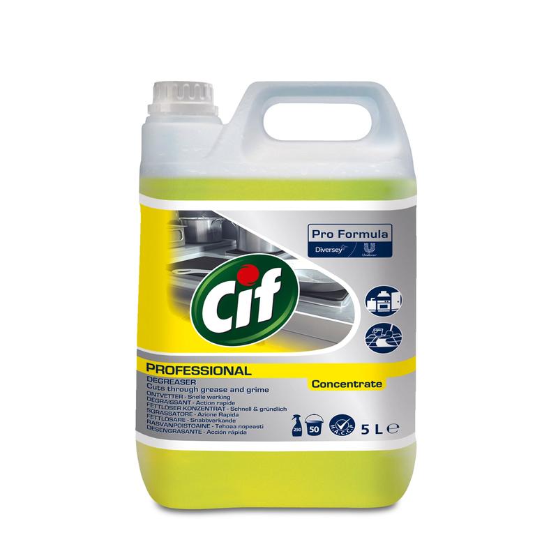 A 5-Liter Cif Professional Fettlöser von Diversey Deutschland GmbH & Co. OHG, starker Küchen-Fettlöser, parfümfrei, mit weißem Griff und Deckel sowie gelbem Etikett-ideal für die Reinigung von Küchenoberflächen.