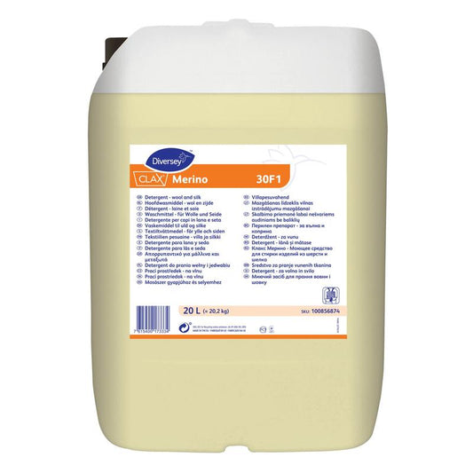 Das 20L Clax Merino 30F1 Spezialwaschmittel von Diversey Deutschland GmbH & Co. OHG ist ideal für empfindliche Textilien wie Wolle und Seide. Mit weißem Deckel, mehrsprachigem Etikett und Anwendungshinweisen.