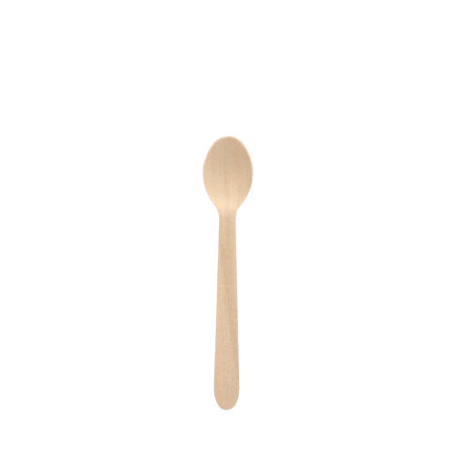 Ein einzelner PAPSTAR 100 Kaffeelöffel, Holz „pure“ 11 cm von der PAPSTAR GmbH ist auf einem schlichten weißen Hintergrund zentriert und hebt das einfache, aber elegante Design seiner abgerundeten Laffe und des geraden Griffs hervor.