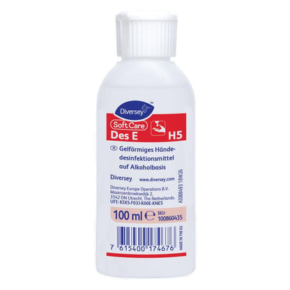 A white 500 ml bottle of Soft Care Des E, VAH-listed, gel-form hand disinfectant from Diversey Deutschland GmbH & Co. OHG, with a red and white German label and a blue barcode at the bottom.