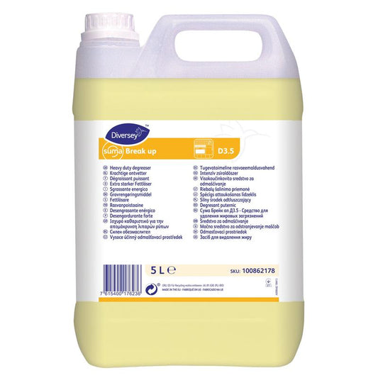 Ein 5-Liter-Kanister Diversey Suma Break up D3.5 Fettlöser, aluminiumsicher, von Diversey Deutschland GmbH & Co. OHG. Mit gelber Flüssigkeit und Griff, mehrsprachig beschriftet für die sichere Anwendung auf Aluminiumoberflächen.