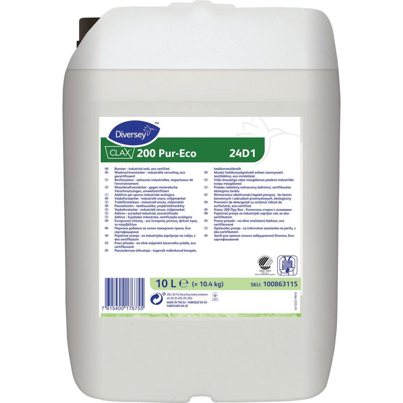 Ein weißer 10-Liter-Kunststoffbehälter mit Clax 200 PE 24D1, ökologischer konzentrierter Waschkraftverstärker von Diversey Deutschland GmbH & Co. OHG, mit einem umweltfreundlichen Etikett mit Gebrauchsanweisung, technischen Daten und Barcode auf der Vorderseite.