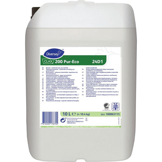 Ein weißer 10-Liter-Kunststoffbehälter mit Clax 200 PE 24D1, ökologischer konzentrierter Waschkraftverstärker von Diversey Deutschland GmbH & Co. OHG, mit einem umweltfreundlichen Etikett mit Gebrauchsanweisung, technischen Daten und Barcode auf der Vorderseite.