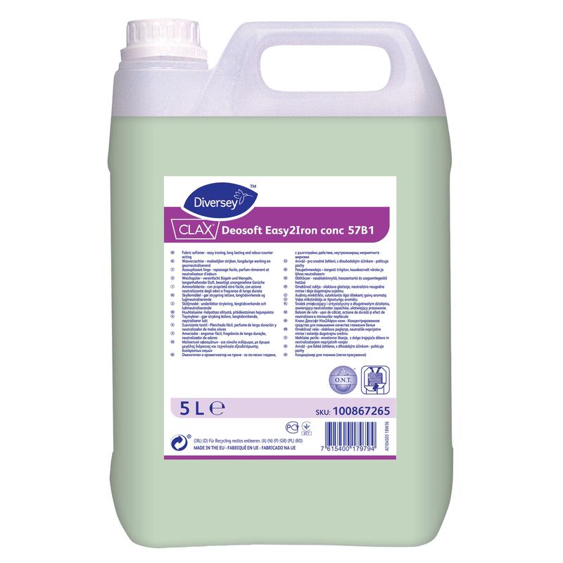 Ein 5-Liter-Kunststoffbehälter mit Clax Deosoft Easy2Iron Conc 57B1 Weichspüler mit bügelfreundlichen Eigenschaften von Diversey Deutschland GmbH & Co. OHG, mit weißem Deckel, hellgrüner Flüssigkeit und Etikett mit Details, Anweisungen und Barcode.