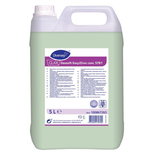 Ein 5-Liter-Kunststoffbehälter mit Clax Deosoft Easy2Iron Conc 57B1 Weichspüler mit bügelfreundlichen Eigenschaften von Diversey Deutschland GmbH & Co. OHG, mit weißem Deckel, hellgrüner Flüssigkeit und Etikett mit Details, Anweisungen und Barcode.