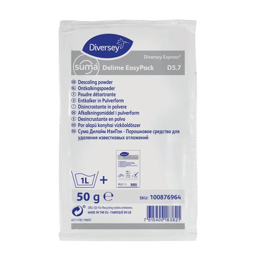 Ein 50 g-Beutel Suma Delime EP D5.7 Entkalker Pulver von Diversey Deutschland GmbH & Co. OHG, für den professionellen Einsatz, entfernt Kalkablagerungen; mit mehrsprachiger Info, Dosierungssymbolen und aufgedruckten Produktinformationen auf der Vorderseite.