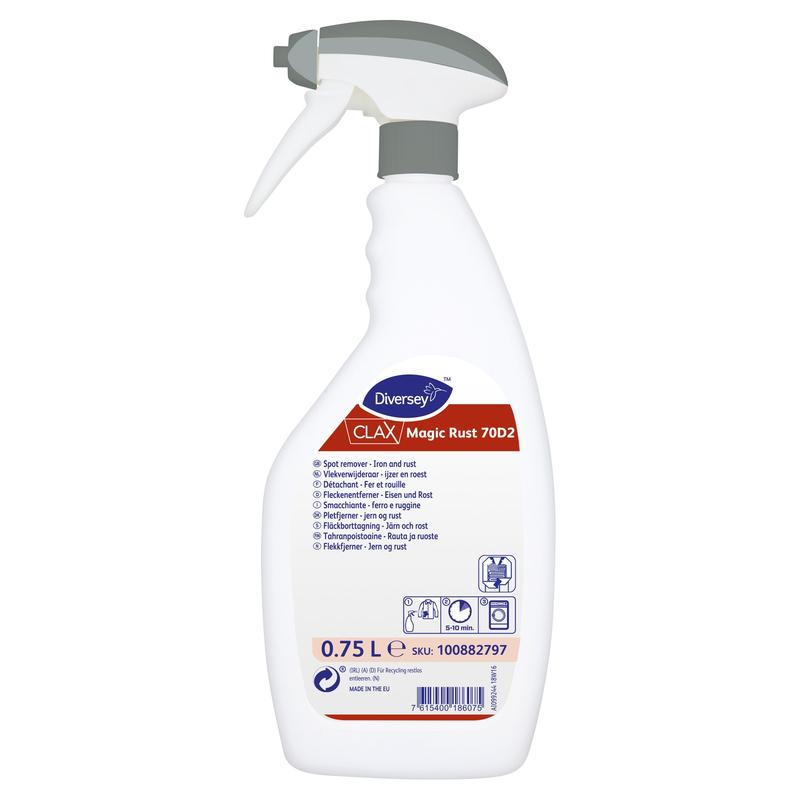Der 750 ml weiße Clax Magic Rust Fleckenentferner für Eisen- und Rostflecken von Diversey Deutschland verfügt über einen grauen Abzug und ein mehrsprachiges Etikett mit Produkt- und Anwendungshinweisen für effektive Fleckenentfernung.