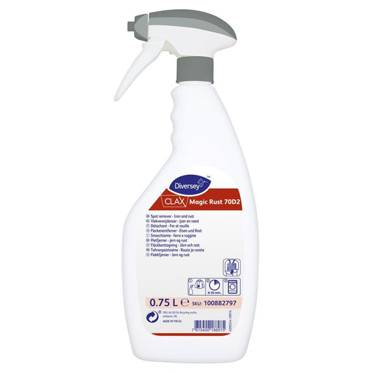 Der 750 ml weiße Clax Magic Rust Fleckenentferner für Eisen- und Rostflecken von Diversey Deutschland verfügt über einen grauen Abzug und ein mehrsprachiges Etikett mit Produkt- und Anwendungshinweisen für effektive Fleckenentfernung.
