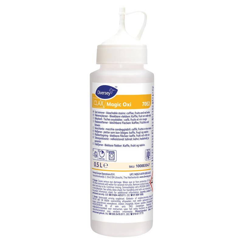 Clax Magic Oxi stain remover for coffee, tea, and red wine from Diversey Deutschland GmbH & Co. OHG in a 500 ml dosing bottle with a spray cap and multilingual label - ideal for stain removal.
