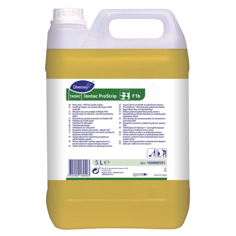 A 5-liter canister of TASKI Jontec ProStrip, a powerful alkaline base cleaner with an effective cleaning formula from Diversey Deutschland GmbH & Co. OHG, with product information and instructions on the label.