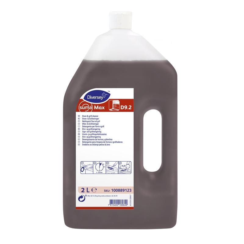 Eine 2L Flasche Diversey Suma Max D9.2 Ofen- und Grillreiniger (kennzeichnungsfrei) von Diversey Deutschland GmbH & Co. OHG, mit Henkel und weißem Verschluss; Vorderetikett mit mehrsprachiger Anleitung und Produktinformation.