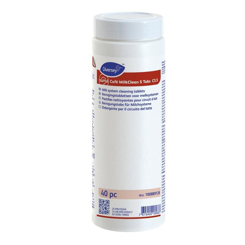 A white cylindrical container of Diversey Suma Cafe MilkCleanTabs S C3.5 (40 pieces), cleaning tablets for espresso machines, shows product information and instructions for removing milk residues from Diversey Deutschland GmbH & Co. OHG on the label.