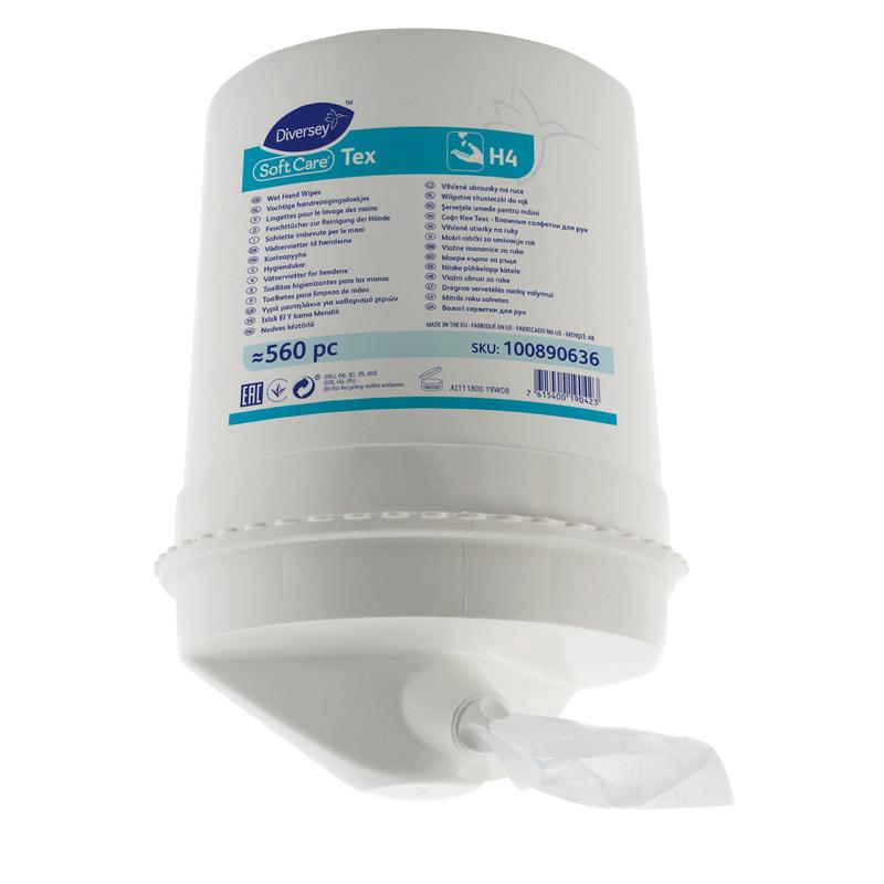 Ein weißer Spender mit der Aufschrift "Soft Care Tex H42" von Diversey Deutschland GmbH & Co. OHG spendet feuchte Reinigungstücher mit Alkohol präpariert. Der 560 Blatt fassende Eimer ist mit einem mehrsprachigen Etikett mit Anwendungshinweisen und Produktangaben versehen.