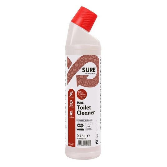 A 0.75-liter white plastic bottle of SURE Toilet Cleaner, a toilet and urinal cleaner from Diversey Deutschland GmbH & Co. OHG, featuring a red screw-top cap and a red-and-white label, ensures effective cleaning of toilets and urinals.