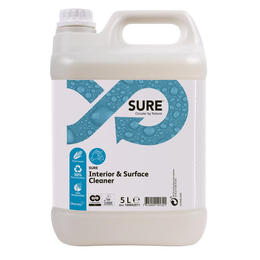 Ein 5-Liter-Kunststoffbehälter SURE Interior & Surface Cleaner, Allzweckreiniger von Diversey Deutschland GmbH & Co. OHG, mit Tragegriff und Schraubverschluss; das Etikett zeigt den Markennamen, ein blaues Design und Symbole für pflanzliche, biologisch abbaubare Inhaltsstoffe.