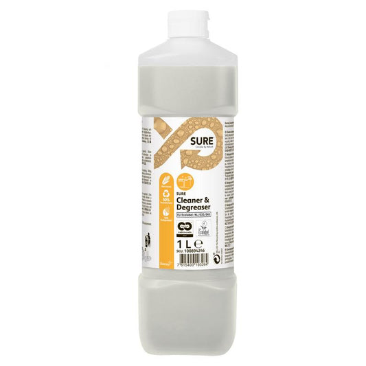 Eine 1-Liter-Flasche SURE Cleaner & Degreaser (Fettlöser) von Diversey Deutschland GmbH & Co. OHG, mit weißem Verschluss und beigem Etikett, eignet sich optimal zum Reinigen und Entfetten wasserfester Oberflächen.