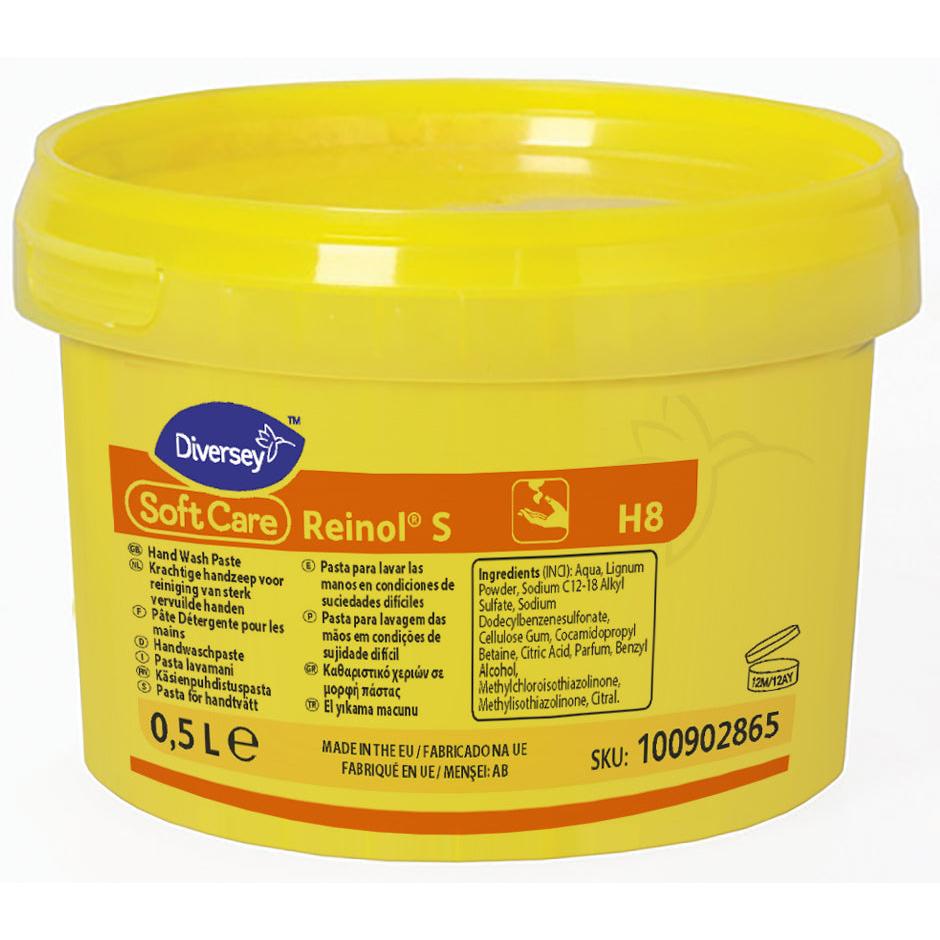 A yellow 0.5-liter plastic container labeled "Soft Care Reinol S Handwash Paste" from Diversey Deutschland GmbH & Co. OHG for industrial hand cleaning, with multilingual instructions, ingredients, and SKU printed on the side.