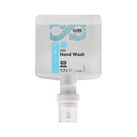 Ein durchsichtiger 1,3-Liter-Kunststoffspender SURE Hand Wash von Diversey Deutschland GmbH & Co. OHG mit blau-weißem Etikett und weißer Bodendüse enthält umweltfreundliche Handseife aus natürlichen Inhaltsstoffen.
