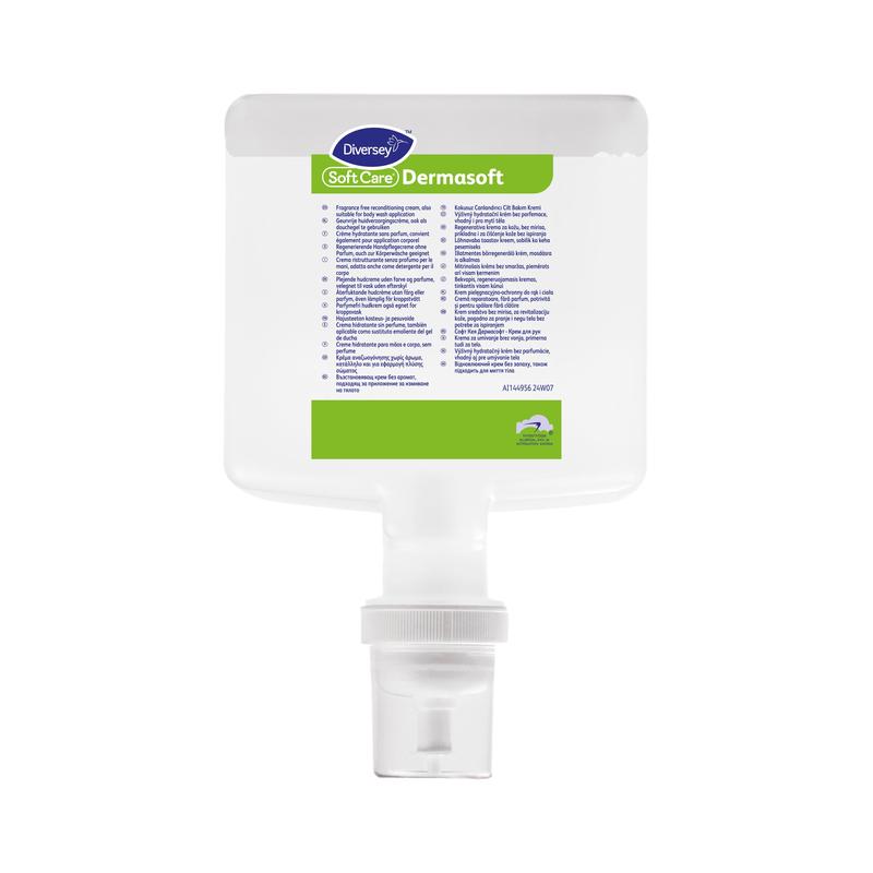 Eine rechteckige, durchsichtige Kunststoffflasche Soft Care Dermasoft Hautpflegecreme von Diversey Deutschland GmbH & Co. OHG mit grün-weißem Etikett und weißem Pumpspender sowie mehrsprachigen Produktdetails und Anweisungen.