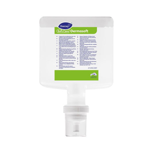 Eine rechteckige, durchsichtige Kunststoffflasche Soft Care Dermasoft Hautpflegecreme von Diversey Deutschland GmbH & Co. OHG mit grün-weißem Etikett und weißem Pumpspender sowie mehrsprachigen Produktdetails und Anweisungen.