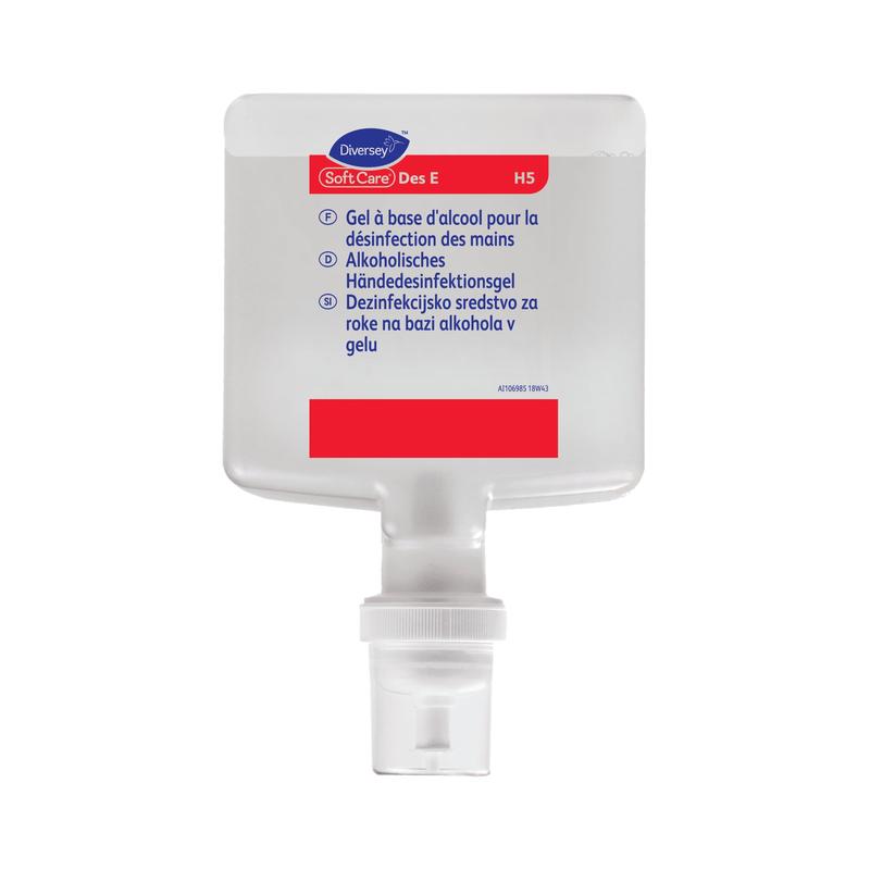 Eine rechteckige, durchsichtige Kunststoffflasche mit weißem Verschluss und rotem Etikett enthält Soft Care Des E H5, ein VAH-gelistetes Gel-Handdesinfektionsmittel der Diversey Deutschland GmbH & Co. OHG. Das mehrsprachige Etikett informiert über die Anwendung.