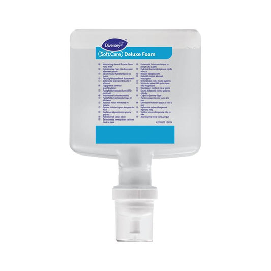 Der Soft Care Deluxe Schaumspender von Diversey Deutschland GmbH & Co. OHG fasst 1300 ml verwöhnende Schaumseife für hohe Ansprüche. Er verfügt über eine weiße Pumpe, blaue und lila Schrift und ist ideal für luxuriöse Reinigung.