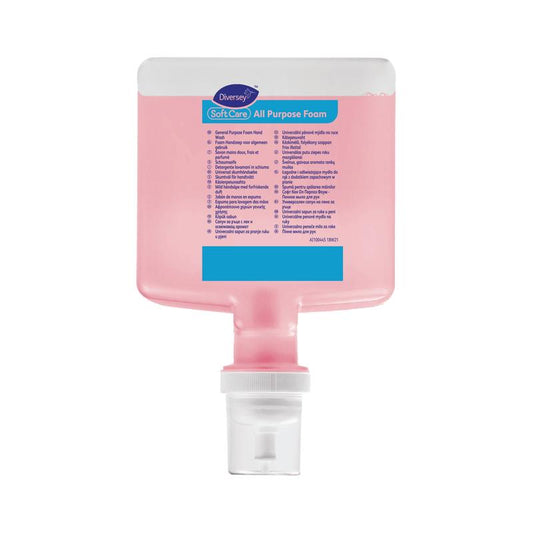 Die Diversey Soft Care Allzweck-Kartusche 1,3 l für IntelliCare ist eine rechteckige rosafarbene Seifennachfüllpackung von Diversey Deutschland GmbH & Co. OHG mit einem Spender mit weißem Boden und einem blau-weißen Anleitungsetikett auf der Vorderseite.