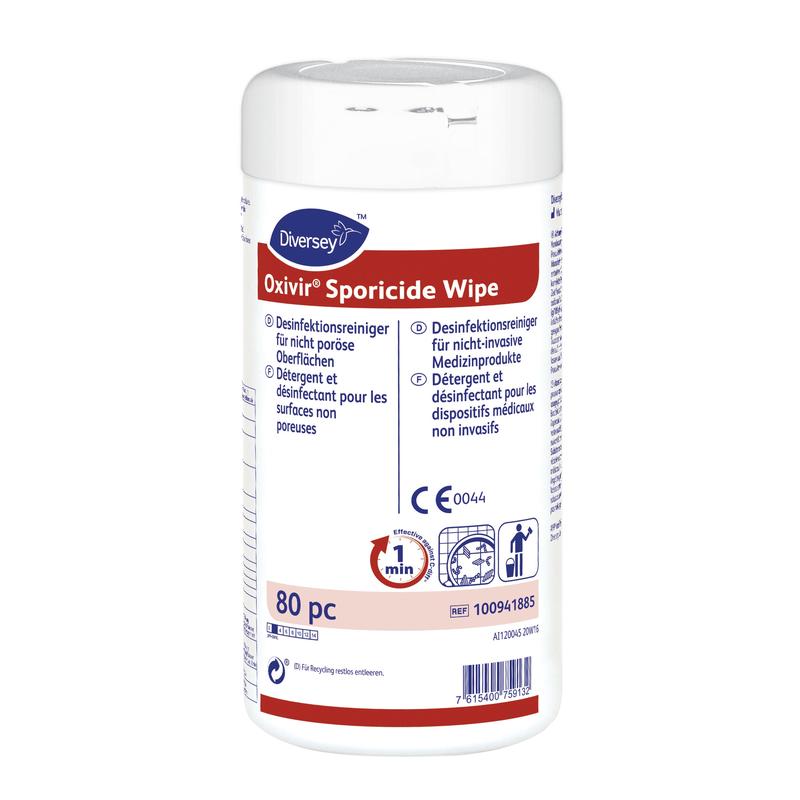A white container of Oxivir Sporicide Wipe, pre-soaked disposable wipes | Canister (80 wipes) by Diversey Deutschland GmbH & Co. OHG features blue/red labeling, multilingual information, and symbols for surface disinfection and the use of medical devices.