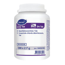 A white plastic container labeled "Suma Tab D4, chlorine-based disinfection tablets" from Diversey Deutschland GmbH & Co. OHG contains 200 tablets (per dose) with German/French instructions and product information.