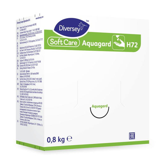 Eine weiß-grüne Schachtel mit der Aufschrift "Soft Care Aquagard, Hautschutzcreme | Kartusche (800 g)" von Diversey Deutschland GmbH & Co. OHG zeigt Logos, Icons, Text und betont den Schutz vor Umwelteinflüssen.