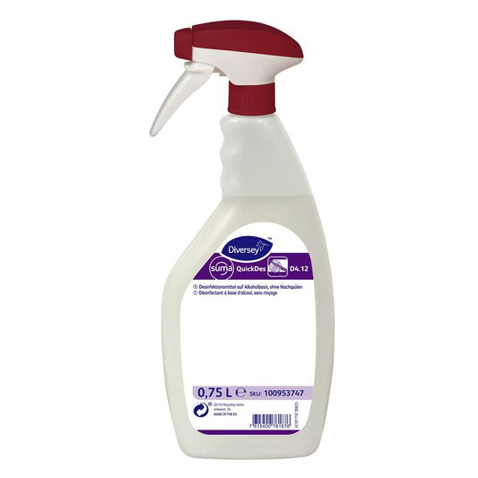 Eine weiße 0,75-Liter-Sprühflasche aus Kunststoff mit rotem Auslöser und der Aufschrift „Suma QuickDes D4.12, Schnelldesinfektion“ von Diversey Deutschland GmbH & Co. OHG enthält eine Gebrauchsanweisung und eignet sich ideal für die schnelle Desinfektion in verschiedenen Umgebungen.