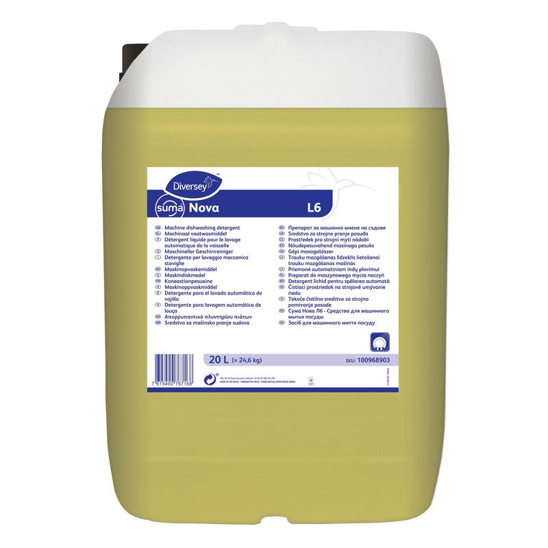 Ein 20-Liter-Behälter des flüssigen, chlor- und NTA-freien Maschinengeschirrspülmittels Suma Nova L6 der Diversey Deutschland GmbH & Co. OHG für hartes Wasser verfügt über einen weißen Deckel und ein mehrsprachiges Etikett. Die Farbe des Reinigungsmittels ist gelb.
