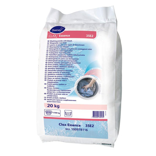 Ein 20-kg-Sack Clax Essence 35E2 phosphatfreies Vollwaschmittel von Diversey Deutschland, ideal für weiches bis mittelhartes Wasser, mit Bleichmittel; inklusive Produktinformation in verschiedenen Sprachen und Waschmaschinenbild.