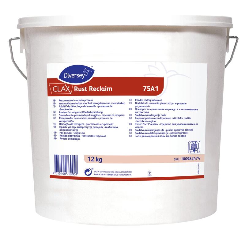 A white 12 kg plastic bucket labeled "Clax Rust Reclaim" from Diversey Deutschland GmbH & Co. OHG contains oxalic acid powder for removing rust stains, a multilingual manual, and a metal handle.