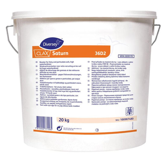 Ein 20 kg-Sack Clax Saturn 12G1 Spezialwaschmittel für stark verschmutzte Berufskleidung von Diversey Deutschland GmbH & Co. OHG, ideal für industrielle Wäschereien; inkl. Gebrauchsanweisung in mehreren Sprachen.