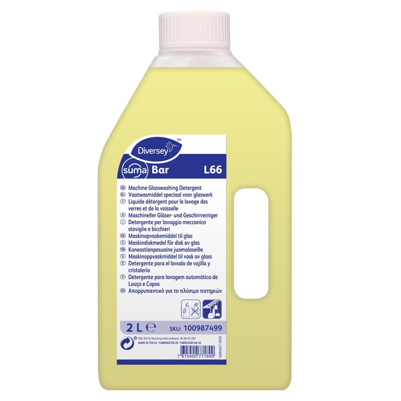 Eine 2-Liter-Flasche Suma Bar L66 Spezial-Geschirrreiniger für Gläser von Diversey Deutschland GmbH & Co. OHG, ideal für die Gastronomie; gelbe Flüssigkeit mit mehrsprachigem Etikett mit Produktinfos und Hinweisen.