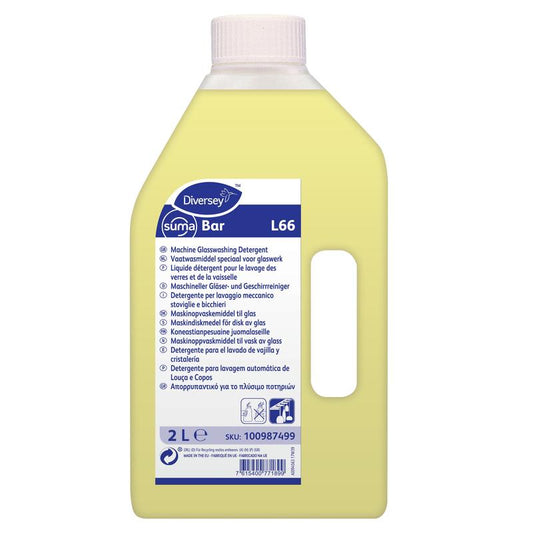 Eine 2-Liter-Flasche Suma Bar L66 Spezial-Geschirrreiniger für Gläser von Diversey Deutschland GmbH & Co. OHG, ideal für die Gastronomie; gelbe Flüssigkeit mit mehrsprachigem Etikett mit Produktinfos und Hinweisen.
