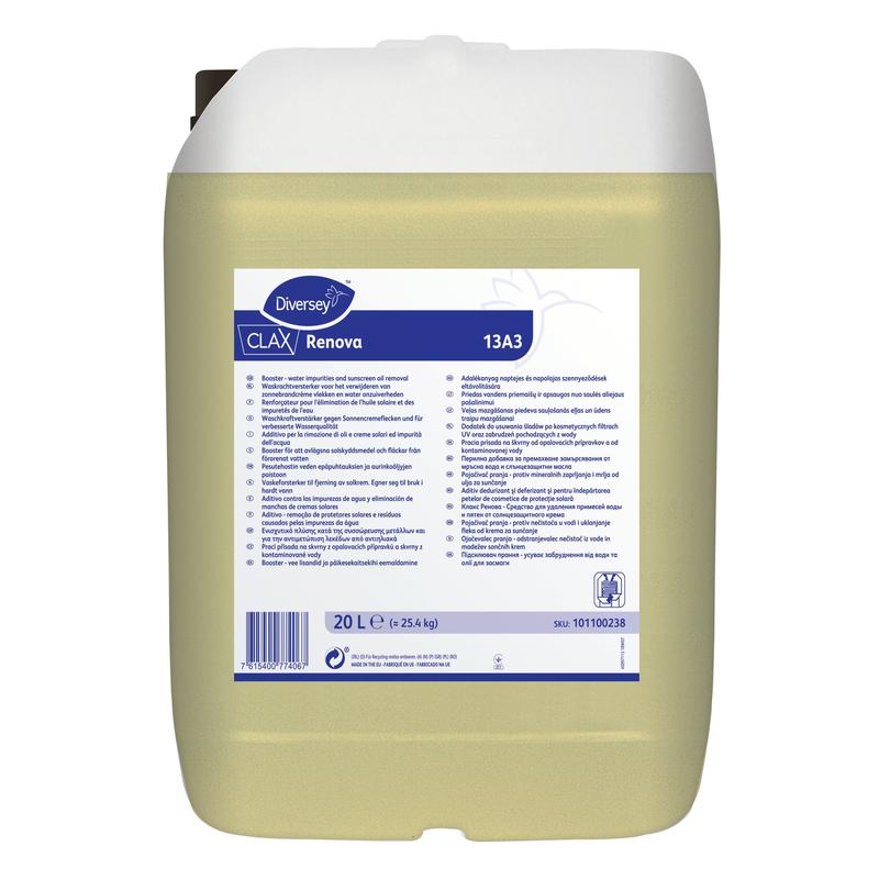 Ein 20L Kanister Diversey Clax Renova 13A3 Waschkraftverstärker von Diversey Deutschland GmbH & Co. OHG, entfernt Sonnencremeflecken und verbessert die Wasserqualität; weißer Verschluss, blaues Etikett, hellgelbe Flüssigkeit im Inneren.