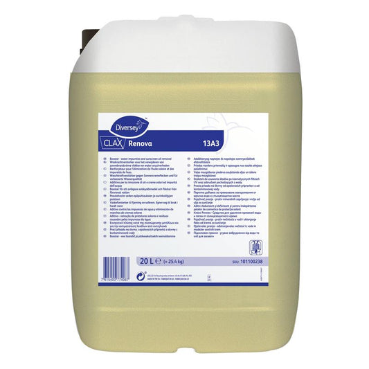Ein 20L Kanister Diversey Clax Renova 13A3 Waschkraftverstärker von Diversey Deutschland GmbH & Co. OHG, entfernt Sonnencremeflecken und verbessert die Wasserqualität; weißer Verschluss, blaues Etikett, hellgelbe Flüssigkeit im Inneren.